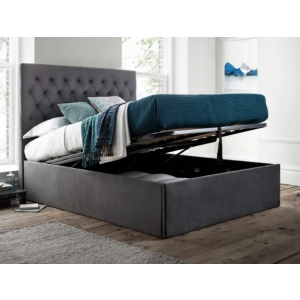 Tierfront Upholstered Single Bed with Hydraulic Storage in Dark Grey