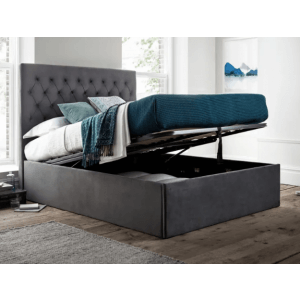 Tierfront Upholstered Single Bed with Hydraulic Storage in Blue Colour