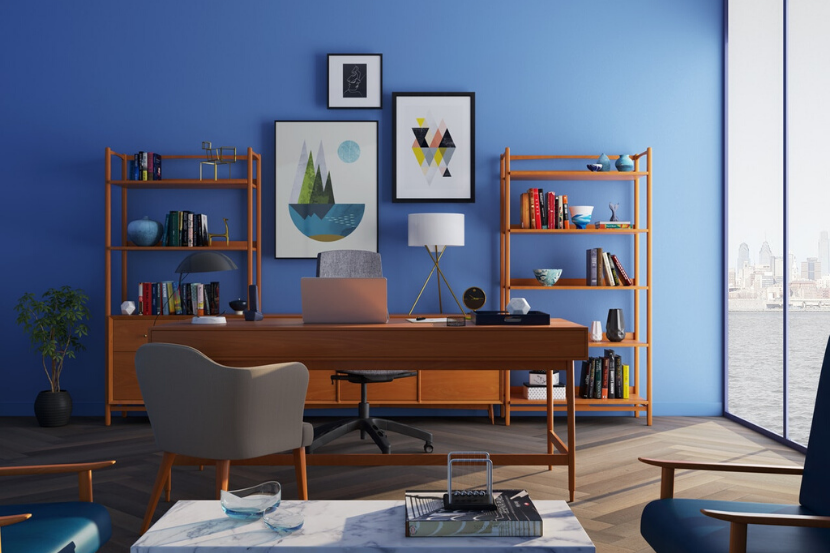 office desk with blue background